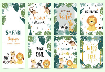 Green collection of safari background set with lion,zebra,giraffe,monkey.Editable vector illustration for birthday invitation,postcard and sticker.Wording include wild and free - obrazy, fototapety, plakaty