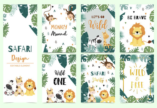 Green collection of safari background set with lion,zebra,giraffe,monkey.Editable vector illustration for birthday invitation,postcard and sticker.Wording include wild and free