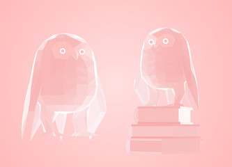 Romantic Owl. Set of Pink Owls on Pink Background. Low Poly Vector 3D Rendering