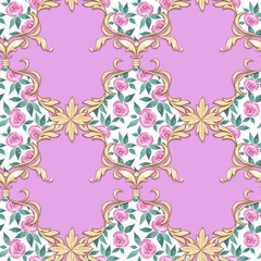 Seamless baroque pattern with decorative golden leaves and watercolor flowers