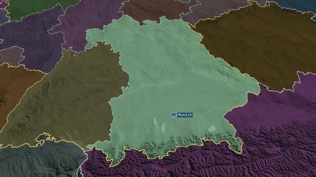 Bavaria - state of Germany with its capital zoomed on the administrative map of the globe. Animation 3D