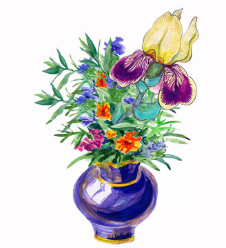 Still Life With A Blue Vase, A Bouquet Of Orange Flowers With A Large Iris. Watercolor On A White Background, Isolated Object.