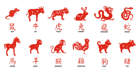 Zodiac collection. Chinese new year symbol. Hieroglyphs calligraphy. Named animals.