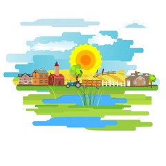 Flat vector design of town with houses on a meadow. Summer rural landscape.