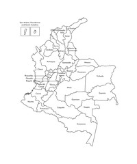 Vector isolated illustration of simplified administrative map of Colombia. Borders and names of the departments (regions). Black line silhouettes