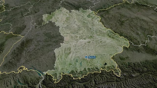 Bavaria - state of Germany with its capital zoomed on the satellite map of the globe. Animation 3D