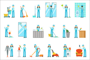 Workers Providing Cleaning Service In Blue Uniform Set Of Illustrations