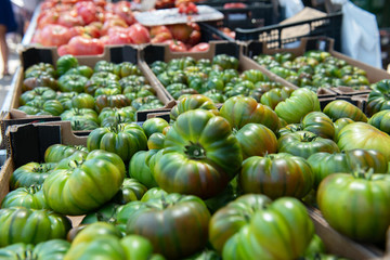 Fresh raw green and pink tomatoes sold on outdoor market. Farm seasonal spanish fruits and vegetables