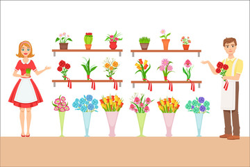 Florist In The Flower Shop Demonstrating The Assortment