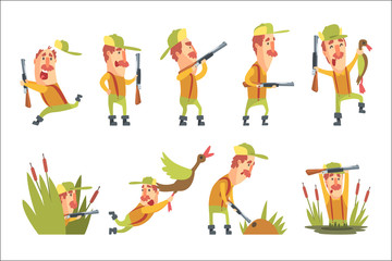 Hunter In Different Funny Situations Set Of Illustrations