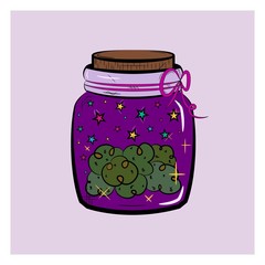 Vintage graphic icon. Green cannabis marijuana hemp medical weed in jar. Graphic design.