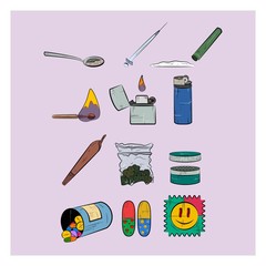 Set of narcotics. Different narcotic drug dependence. Colorful icons.