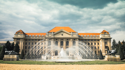 Exterior of the University of Debrecen main Building with Fountain