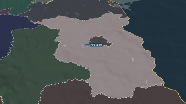 Brandenburg - state of Germany with its capital zoomed on the administrative map of the globe. Animation 3D