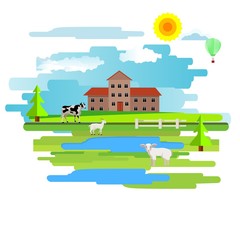 Flat vector design of town with houses on a meadow. Summer rural landscape.