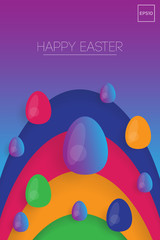 Easter background template with colorful glossy eggs illustration in flat paper art style
