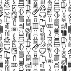 Vector seamless pattern with monochrome line icons on the theme of Zero Waste lifestyle. Wallpaper with warious reusable or recyclable items isolated on white background.