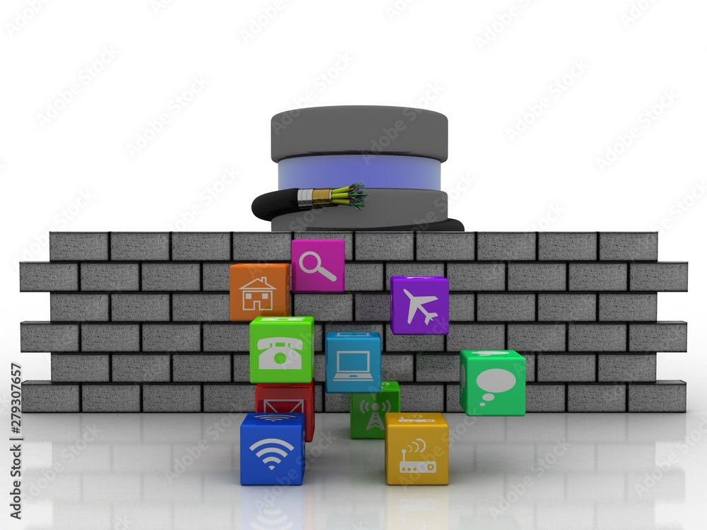 Poster 3d rendering fiber optical cable detail connected database with wifi cube