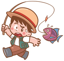 Vector illustration of Cartoon fishing Boy   scaring fish