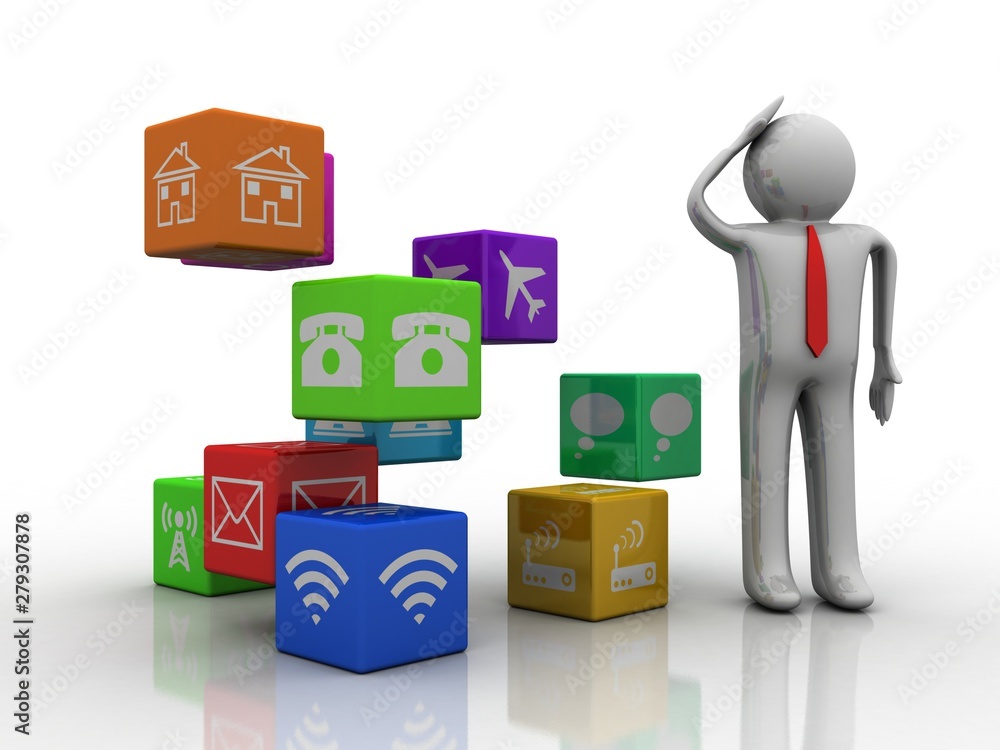 Poster 3d illustration wifi cube with computer technician
