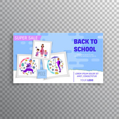 Horizontal banner set- back to school and sale, flat style with geometric figures and characters.