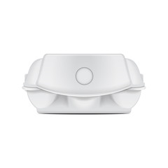 Box tray for eggs mock up vector template, white empty clamshell container. 6 eggs mock package. Side view