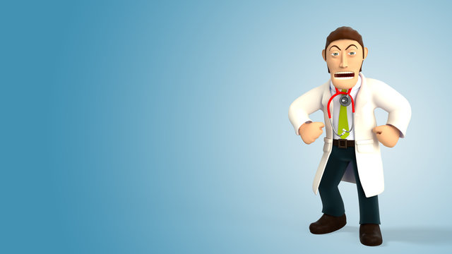Young angry cartoon 3d doctor screaming and showing his muscles, in white coat with a stethoscope, isolated on blue gradient background 3d rendering