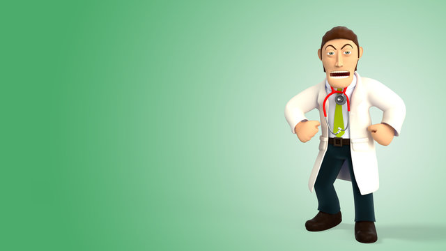 Young angry cartoon 3d doctor screaming and showing his muscles, in white coat with a stethoscope, isolated on green gradient background 3d rendering