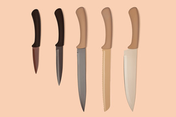 Top view on kitchen knives set isolated on colorful background