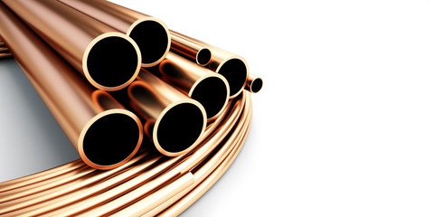 Copper metal pipes goods on white background. 3d Illustrations