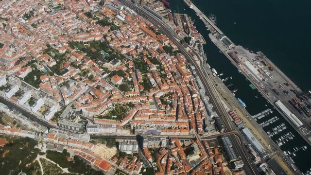 Spectacular aerial view of the Old Town and the Port of Lisbon, Portugal where the River Tagus and the Atlantic Ocean meet