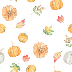 Watercolor seamless pattern autumn branches, leaves and pumpkin. Rustic greenery. Illustration for invintation, textile fabric and paper