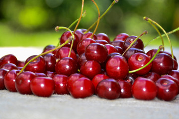 Closeup of a bunch of wet ripe cherry farm.	