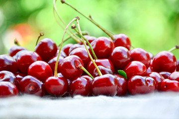 Obraz na płótnie Canvas Closeup of a bunch of wet ripe cherry farm.
