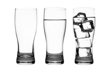 Set of drink glass with water and ice cubes isolated on pure white background. Glass of water or refreshment. ( Clipping path )