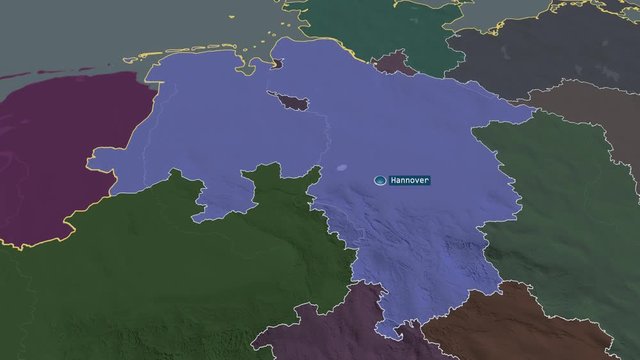 Niedersachsen - state of Germany with its capital zoomed on the administrative map of the globe. Animation 3D