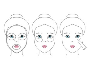 Simple woman face with eye patches. Asian girl puts on a face mask and eye cream. Skin care procedures. Isolated vector illustration for cosmetics packaging design. Facial care products.