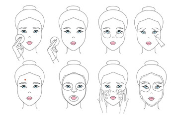 Asian girl applies facial skin care with cotton pad, eye cream, cloth mask, eye patch.  Isolated vector illustration for cosmetics packaging design. Set of simple woman face for facial care products.