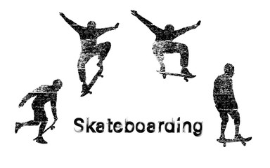 Set of black skateboarder silhouettes with white noise texture. Skate trick ollie. Skateboarder is rides, pushes off the ground, jumping, standing on the board. Isolated vector illustration.