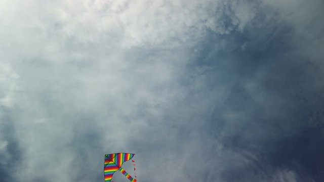 Rainbow kite flying in blue sky