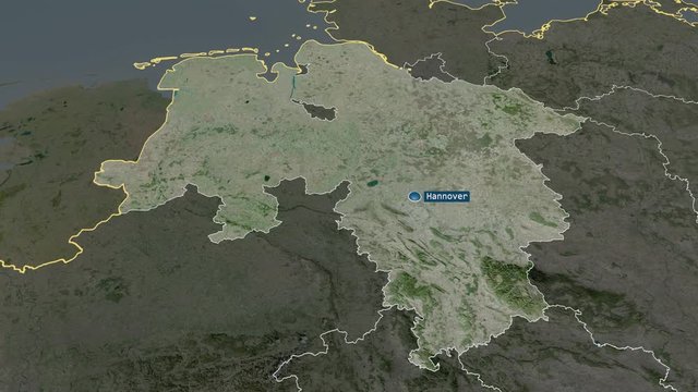 Niedersachsen - state of Germany with its capital zoomed on the satellite map of the globe. Animation 3D