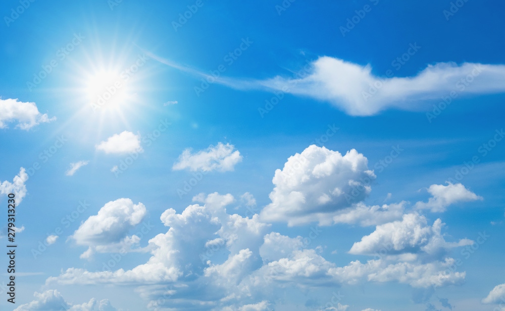 Wall mural blue sky with white cloud and sun