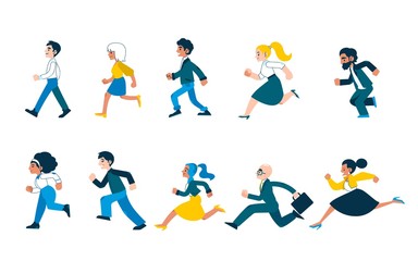 Fototapeta na wymiar Vector illustration set of happy divercity people in casual clothing running forward.