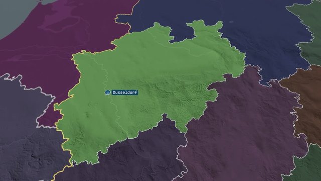 Nordrhein Westfalen - state of Germany with its capital zoomed on the administrative map of the globe. Animation 3D
