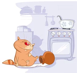 Foto op Plexiglas Vectorillustratie van een schattige kat. Stripfiguur. Kat op keuken © liusa