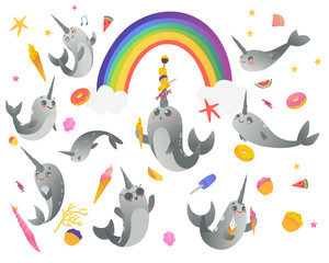 Set of cute cartoon gray narwhals with rainbow, ice creams, sweets and seashell. © sabelskaya