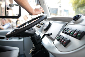 Fototapeta na wymiar Seat and steering wheel. Bus driver