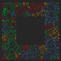 Painted by hand style pattern on the theme of childhood. Vector illustration for children design. Drawing with colored chalk on a school blackboard.