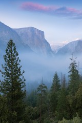 Classic Tunnel View of scenic Yosemite Valley with famous El Capitan and Half Dome rock climbing summits in beautiful misty atmosphere at morning in summer, Yosemite National Park, California, USA