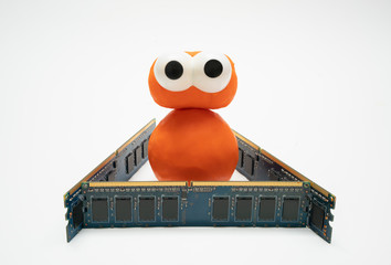 computer nerd character in a triangle of memory chip boards